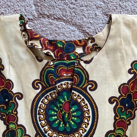 VTG Dashiki African Print Adjustable Waist Gold Maroon Kaftan Kimono Dress O/S - Picture 6 of 11
